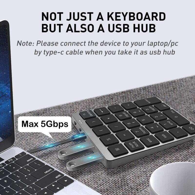 Mini Bluetooth Numeric Keyboard 28 Keys Protable Keypad with USB Hub 2.0 Compatible with Tablet PC Laptop Desktop
