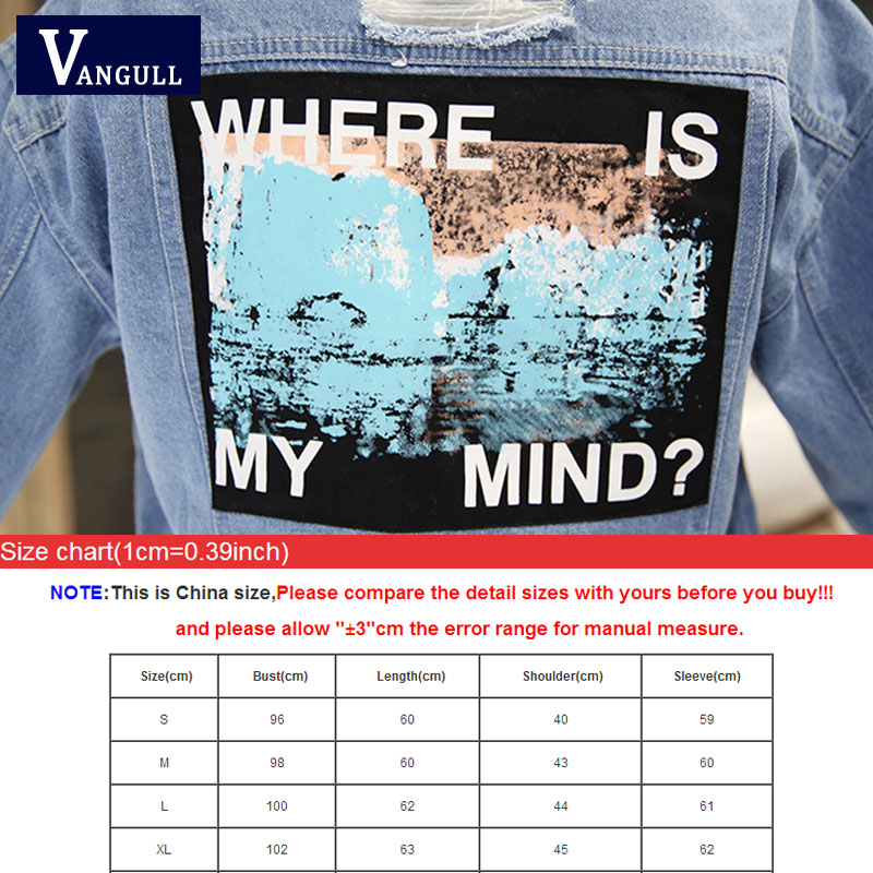 Women Frayed Denim Bomber Jacket Appliques Print Where Is My Mind Lady Vintage Outwear Autumn Coat Vangull