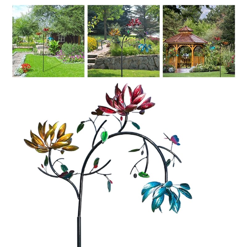 Moinho de vento de metal grande com 3 flores giratórias, borboletas, moinho de vento, escultura para decoração de arte de jardim, quintal ao ar livre