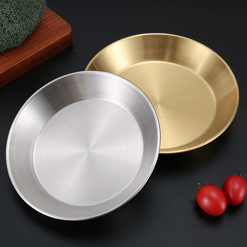 Koreanische Luxus Edelstahl runde Platte goldene flache Boden Aufbewahrung stablett verdickte Obst kuchen Steak Snack Gerichte