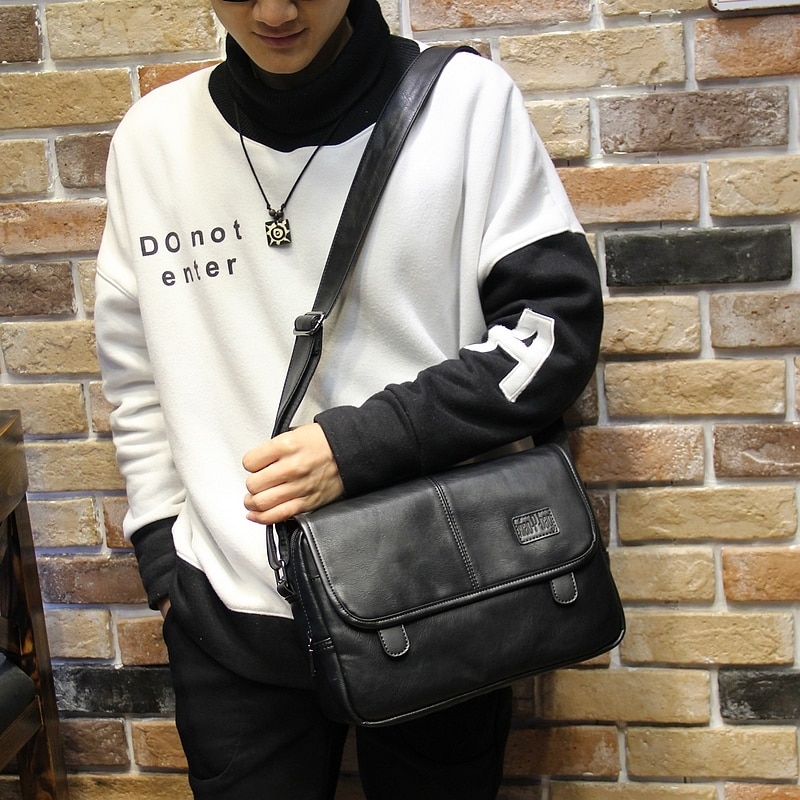 men's bags, pu leather messenger bag cross body bag,Casual students one shoulder School bag