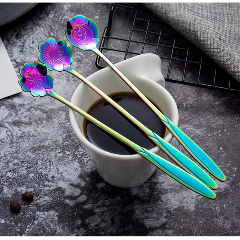 16 Types Stainless Steel Spoon With Long Handle Ice Spoon Coffee Spoon Flowers Heart Shape Dessert Spoon Kitchen Gadget