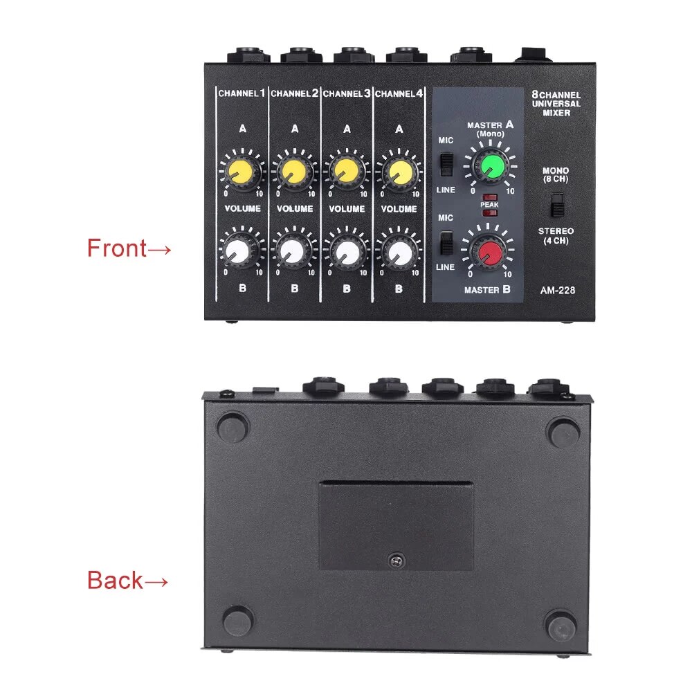 AM-228 Ultra Compact Audio Sound Mixer Mixing Console Low Noise 8 Channels Metal 6.35mm Interface Studio Mixer