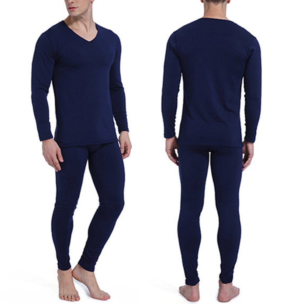 Men's Long Thermal Underwear Set V Neckline Warm Long John Baselayer100% Brand Men's Seamless Warm Suit: Navy / L