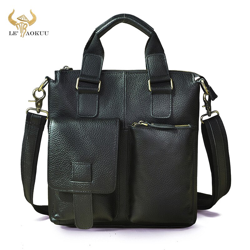 Men Original Leather Retro Business Briefcase Casual 12&quot; Laptop Travel Bag Tote Attache Messenger Bag Portfolio B259: black