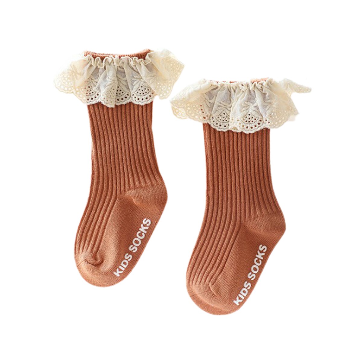 Focusonnm 1-3y 4 cores crianças meninas joelho alto longo macio algodão floral rendas frill guarnição do bebê crianças bonito todo jogo meias: Caramel / S