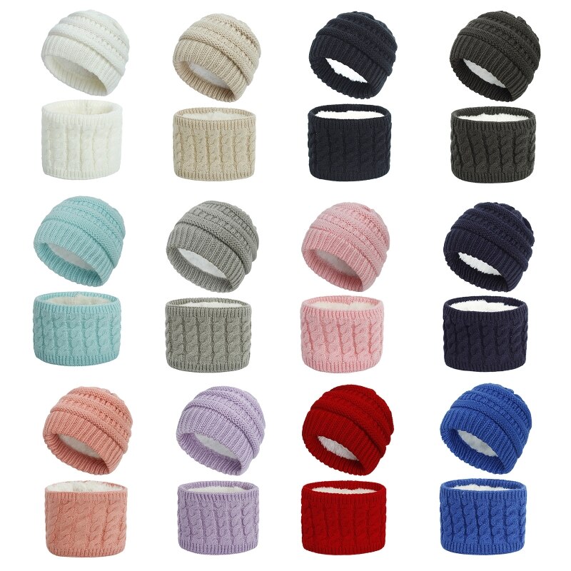 Newborn Baby 2Pcs Winter Beanie Hat Scarf Set Cable Knit Fleece Lined Skull Cap