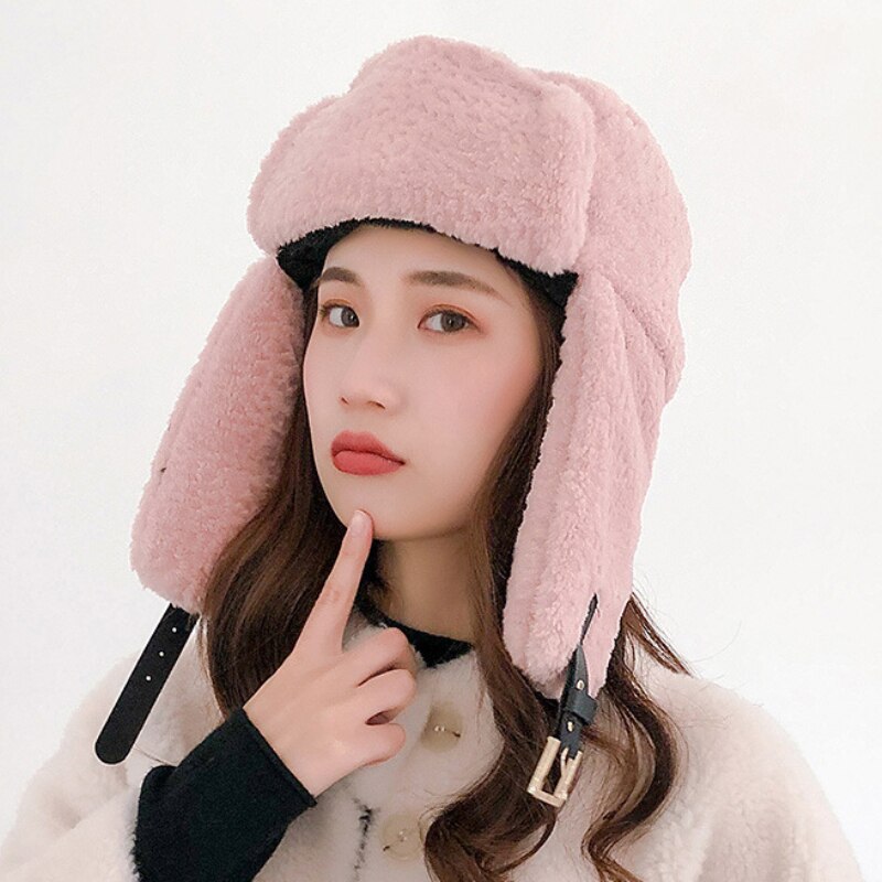 HT3436 Women Winter Hat Thick Warm Berber Fleece Russian Hat Ladies Black Pink Russian Trapper Ski Earflap Cap Female Bomber Hat