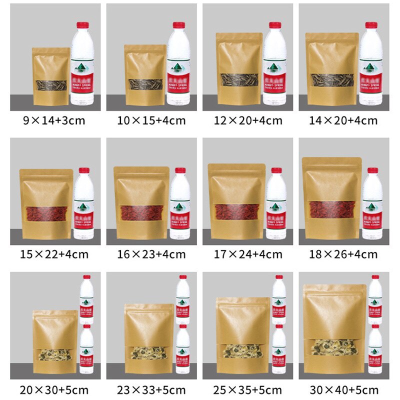 50Pcs Kraft Papieren Zakken Zip Lock Bruin Met Venster Stand Up Hersluitbare Grip Ziplock Zakjes Thee Koffie Bean Snoep verpakking Voedsel