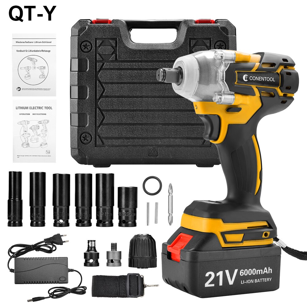 CONENTOOL Brushless Cordless Wrench 21V Power Tool 6000mAh Battery For Makita Rechargeable Battery Impact Wrench LED Light: QT-Yellow