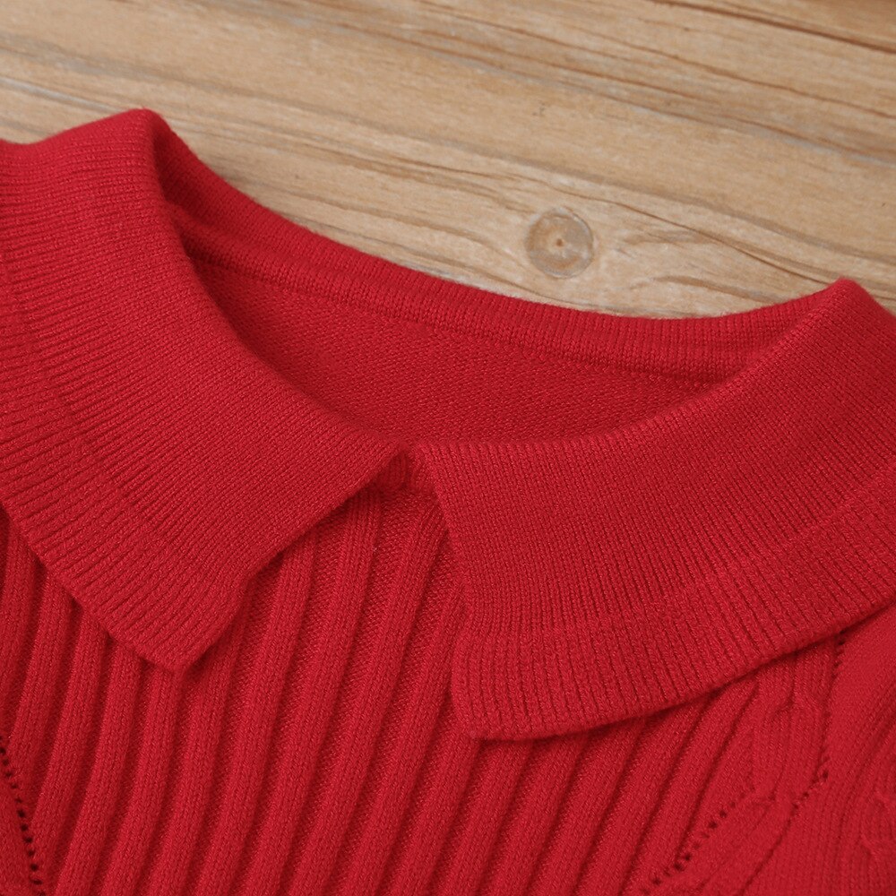 Winter freundlicher lässig Baumwolle Gestrickt Lange Ärmel O Hals Drehen-unten Kragen rot Feste Beiläufige Baby Mädchen T-Shirt 0-2T