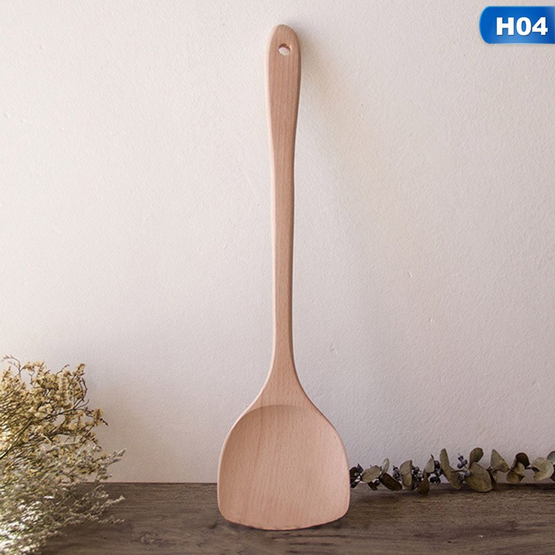 Espátula ranurada de madera de bambú Natural para cocina, soporte para cuchara para mezclar, utensilios de cocina, palillos de comida para cena, 1 unidad: H04