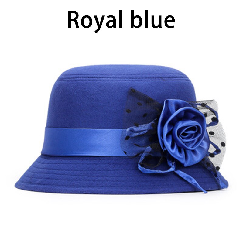 Ladies Formal Fedora Bowler Hats Vintage Women Hat Imitation Woolen Flower Autumn Winter Keep Warm Bucket Cap: Blue