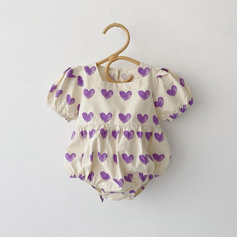 Zomer Koreaanse Stijl Peuters Baby Paars Hart Gedrukt Jumpsuits Vierkante Kraag Zuigelingen Kleding Meisjes Bodysuits: purple / 6m