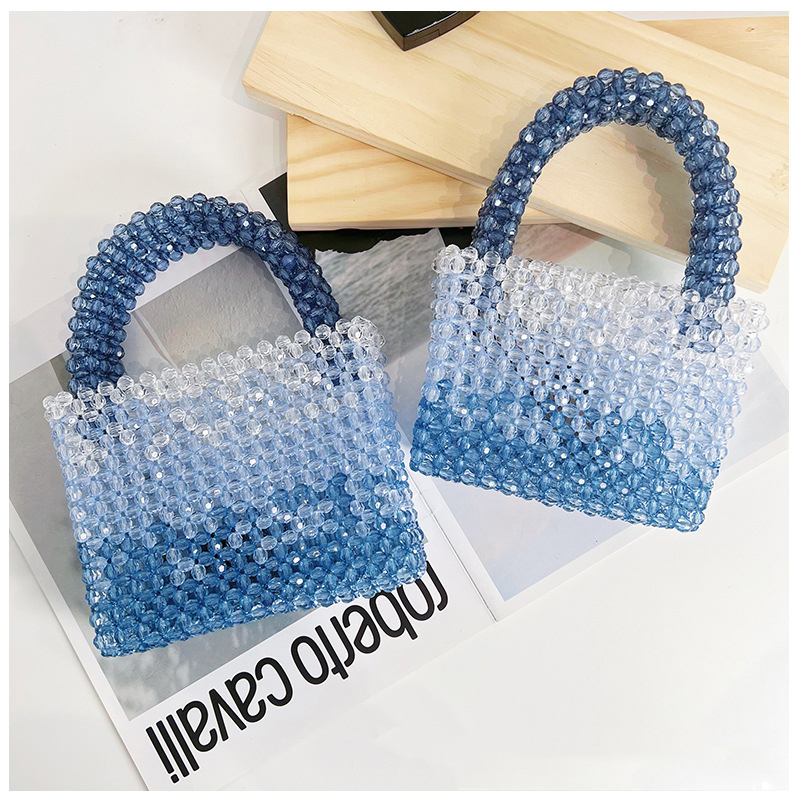 Gradiënt Blauw Kralen Portemonnees En Handtassen Lange Riem Hand Geweven Kralen Crossbody Tassen Voor Vrouwen Blauw Mode Portemonnees Crossbody
