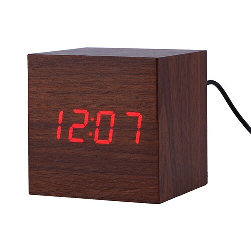 Moderne Houten Kubus Digitale Led Thermometer Kalender Wekker Sound-Gestuurde Klok Houten Klok Elektronische Temperatuur: Bruin