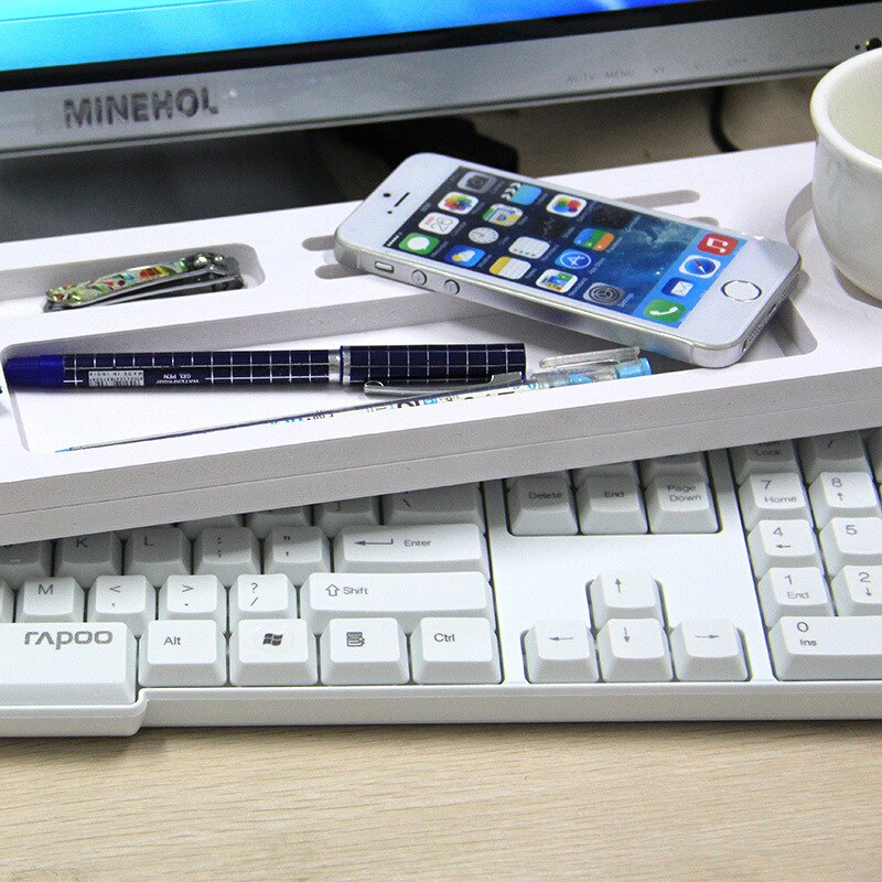 White Wooden Computer Keyboard Rack Office Table Storage Shelf for Stationery/Phone/Pad Holder Office Desktop Organizer