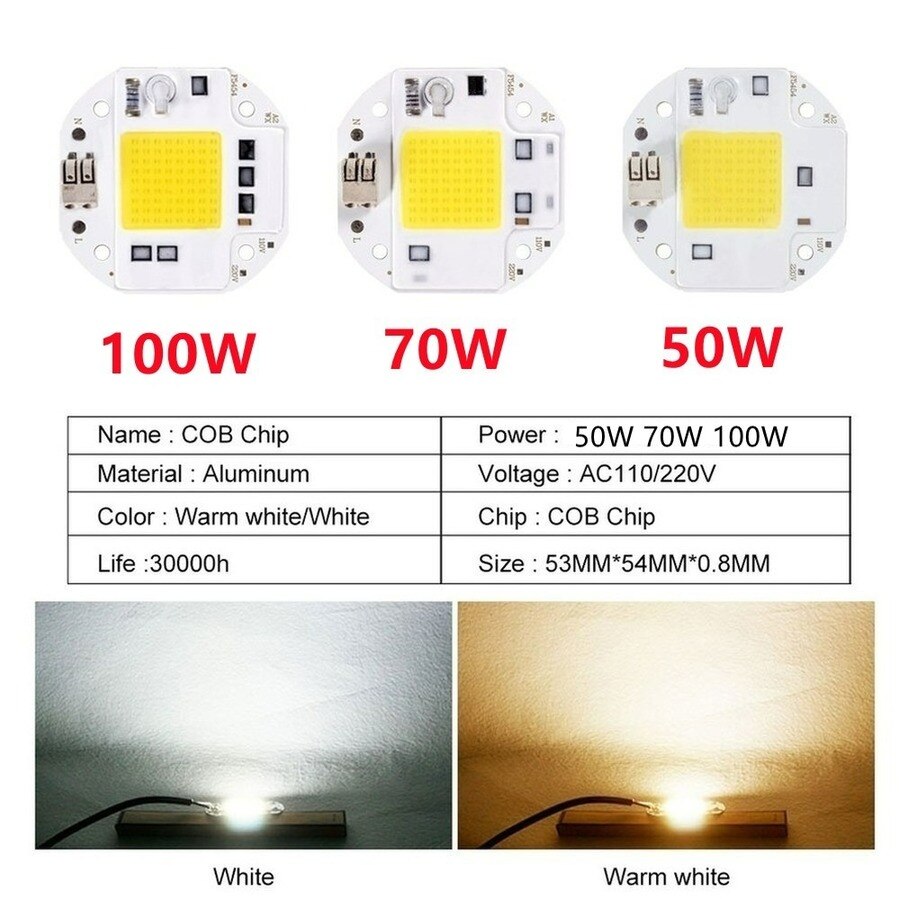Chip LED COB de 100W, 70W, 50W, 220V, 110V, diodo sin soldadura para proyector IC inteligente, sin necesidad de controlador, 9 unids/lote