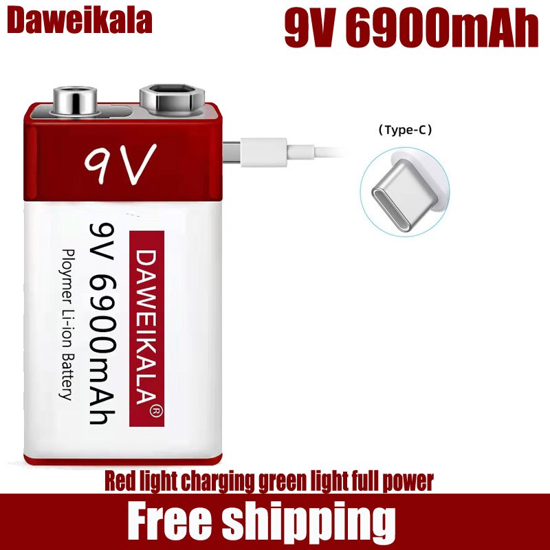 9V 6900Mah Lithium Ion Oplaadbare Batterij Type-C Usb Batterij 9V Multimeter Lithium Microfoon Metalen detector + Kabel