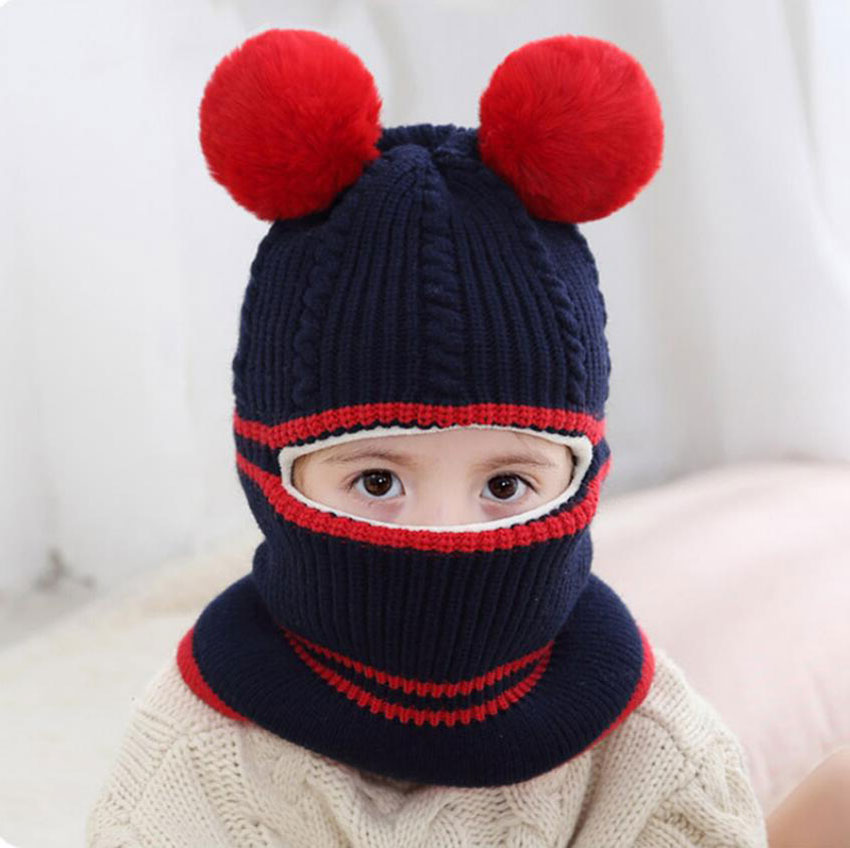 Beanie Warm Hat Kids Children Knitted Hooded Scarf Winter Circulal Knit Striped Earflap Ear Cap Scarves Child Accessories: Navy Blue