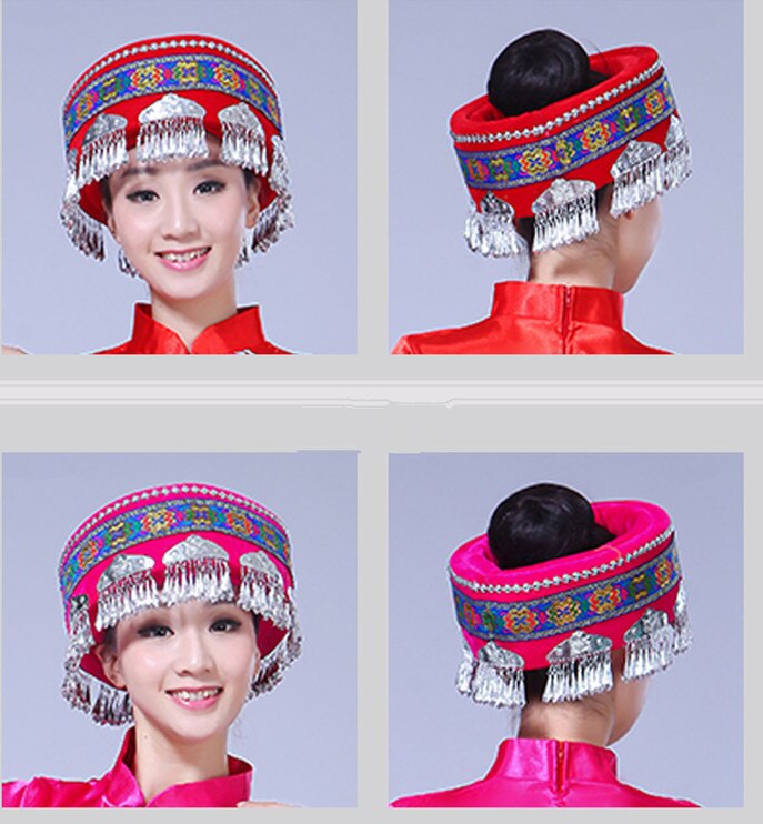 Hmong Miao Dance Hat For Women Traditional Clothing Hats With Tassel Accessories Festival Performance Headwear Vintage Headdress
