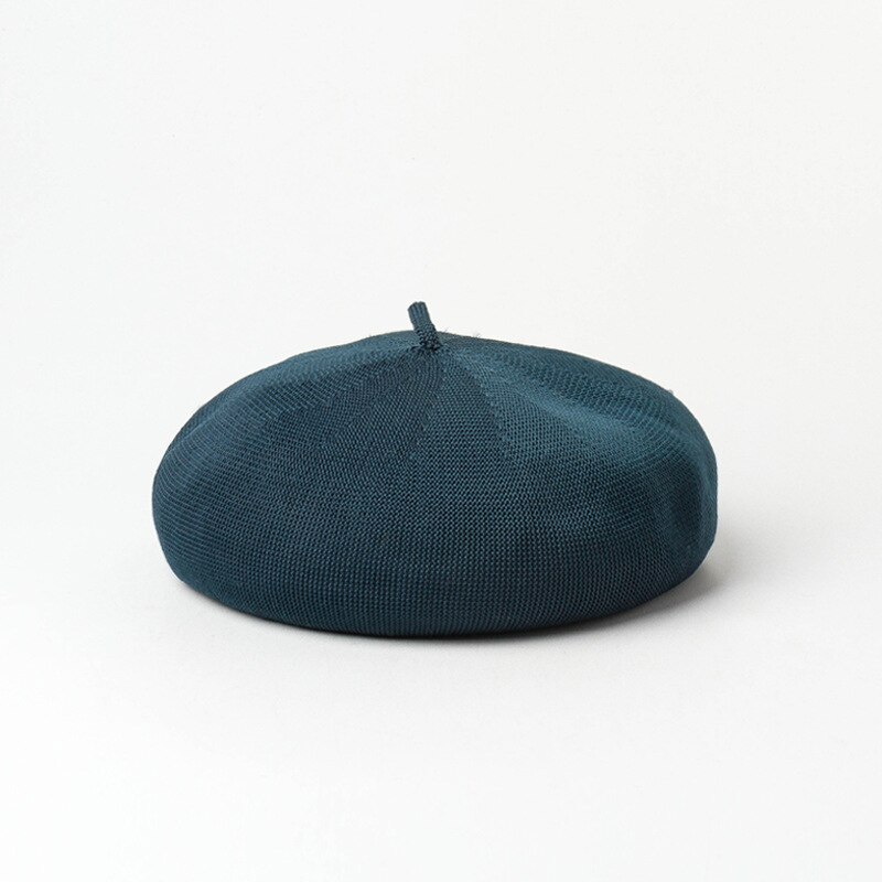 Simple light version 18-color women's beret hat spring and summer thin linen texture painter hat girl beanie hat: Lake Blue