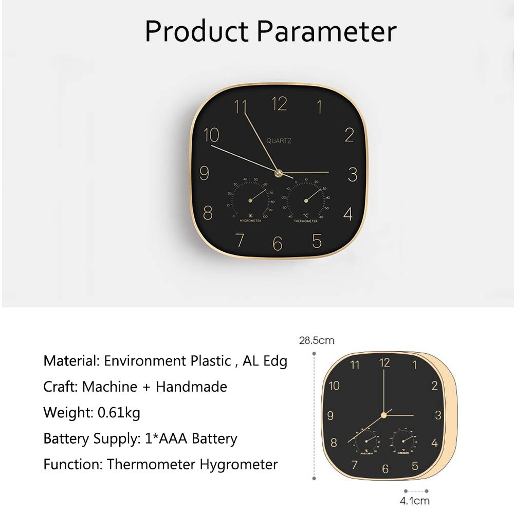 12 inch 31cm wall clock home metal case clock black european style wall clock with Thermometer hygrometer home decor