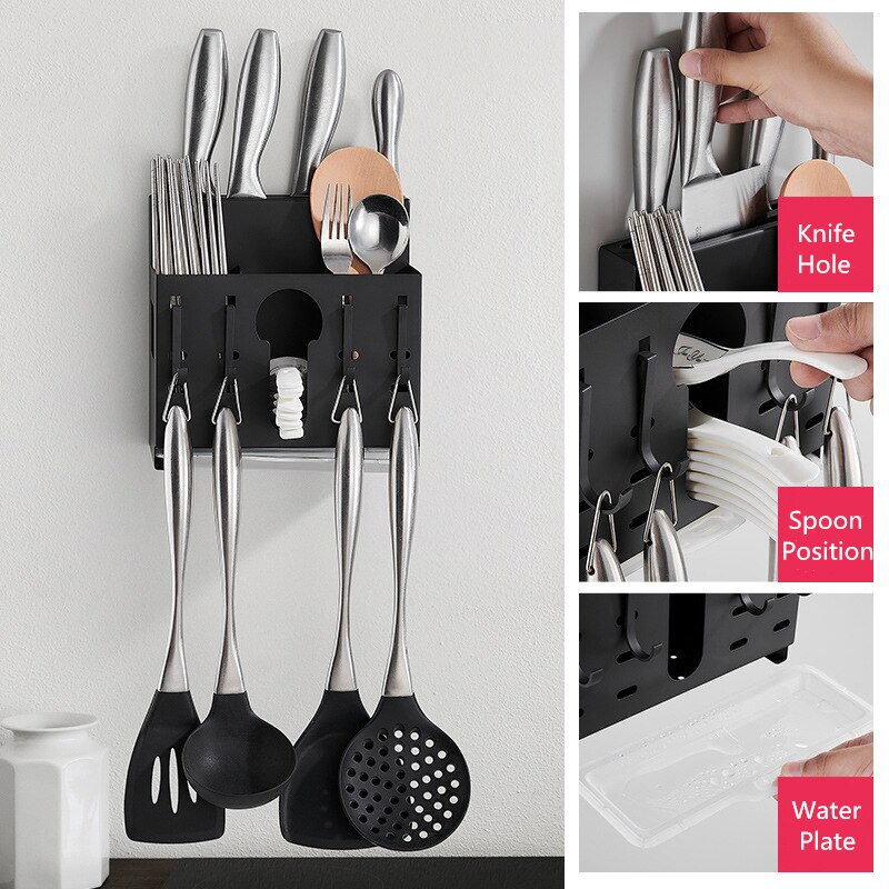 Wall Mount Roestvrij Staal Keuken Organizer Met Mes Houder Lepel Houder Lepel Positie Pot En Slice Rack