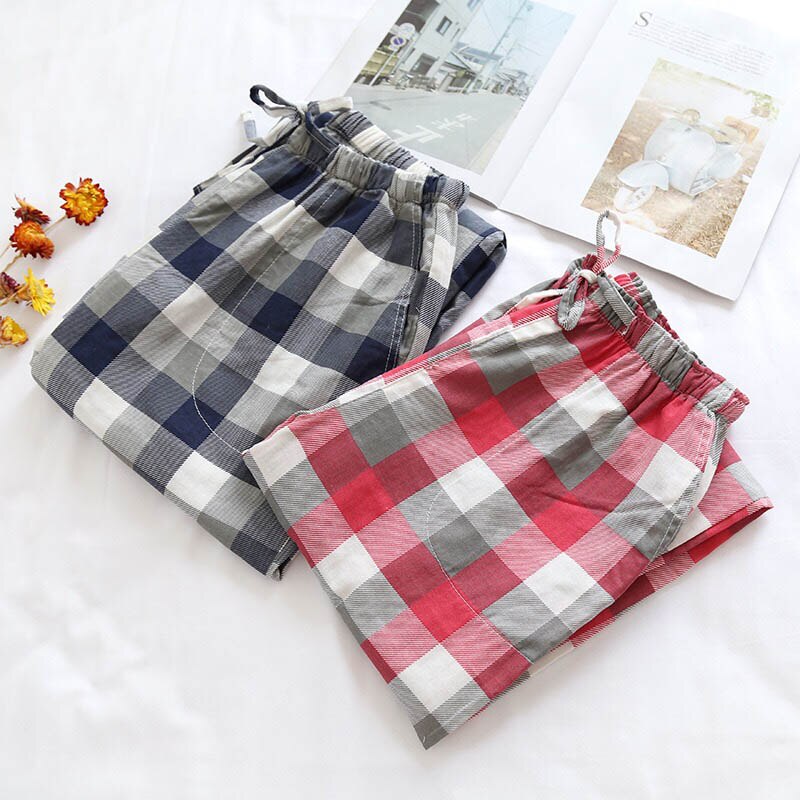 Spring & Fall Men And Women Lovers' Sleep Bottom Couples Gauze Cotton Plaid Loose Sleep Pants Elastic Waist Homewear Pants