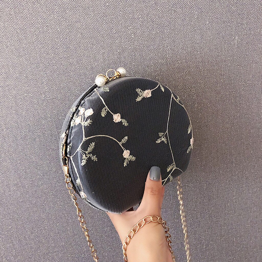 Embroidery Flowers Women Round Clutch Evening Bags Gold Chain Shoulder Bags Girls Handbags Purses Party Bag #YL5