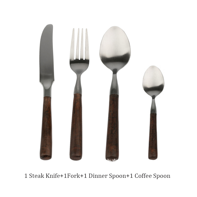 Retro Wooden Handle Dinner Knife Fork and Spoon 304 Stainless Steel Steak Knife Fruit Fork Coffee Tea Spoon Cutlery Set: PURPLE