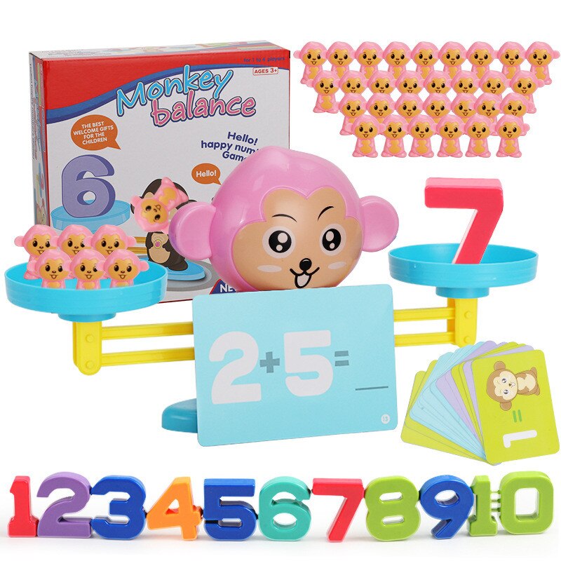 Montessori Matematica Partita Gioco Da Tavolo Giocattoli Scimmia Digital Balance Bilancia Del Giocattolo Del Bambino del Giocattolo di Apprendimento Animale Action Figure di Matematica Bilancia s giocattoli: PINK Monkey with box