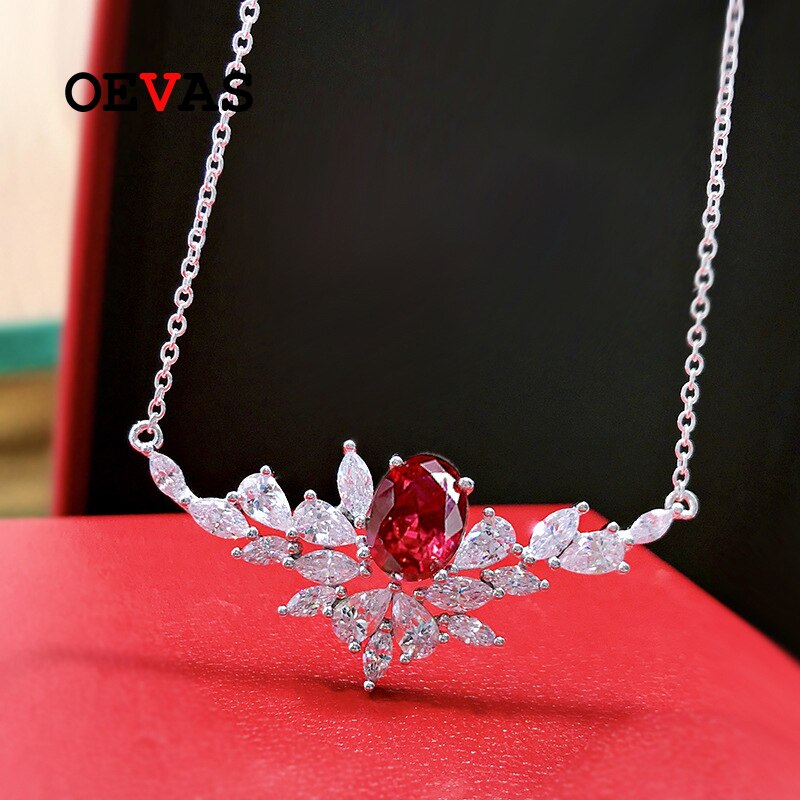 OEVAS 100% argento Sterling 925 7*9mm sintetico rubino ghiaccio fiore taglio collana pendente per le donne scintillanti matrimonio Fine Jewerly