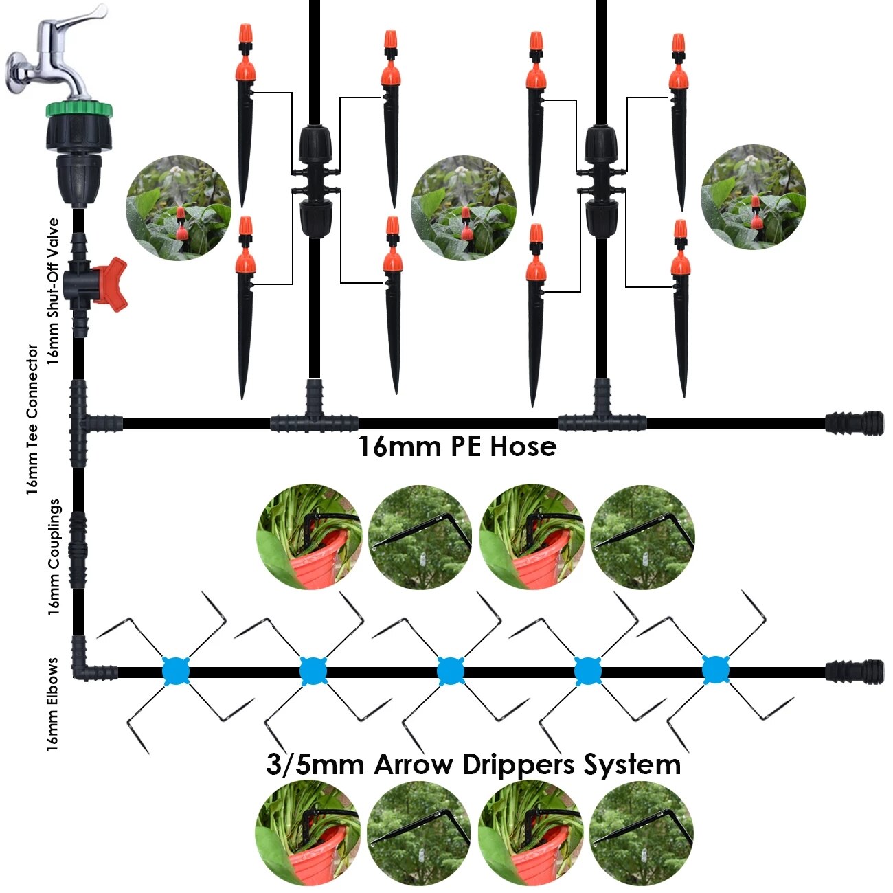KESLA 40PCS 16MM Barbed Elbow Tee End Plug Drip Tubing Water Connectors Adapter 1/2 Fittings Garden Coupling Adaptor Pipe Repair