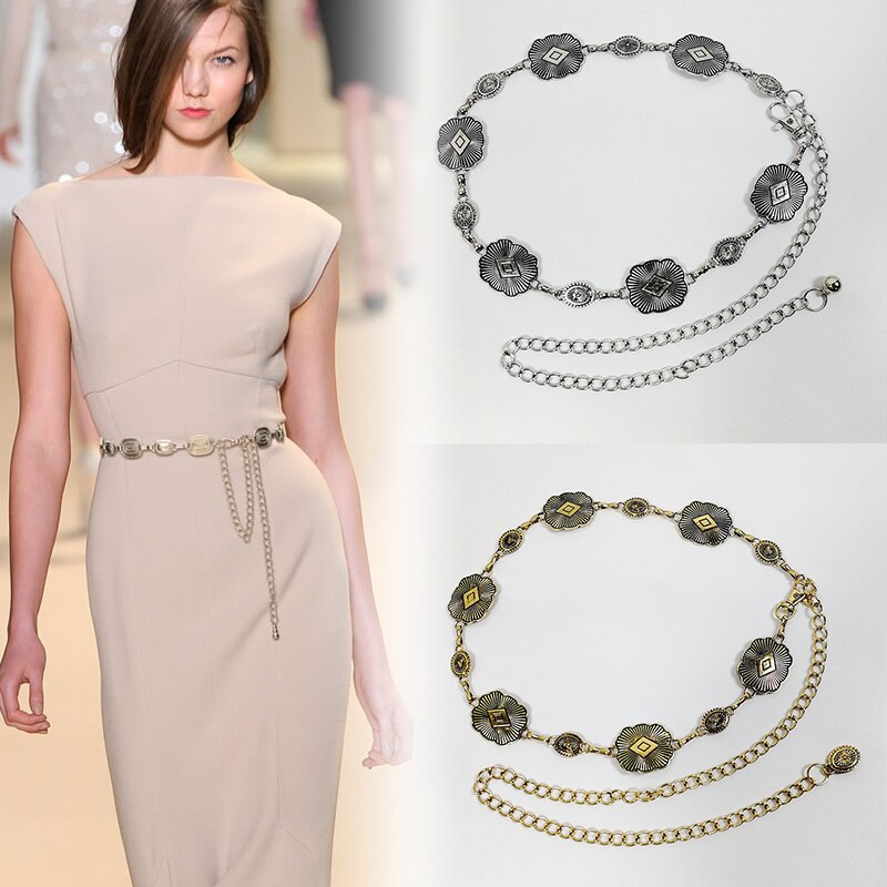 Guld kedja bälte vintage metall långa silver kedjor bälten för kvinnor midja ceinture femme midjeband klänning riem
