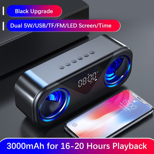 Horloge LED haut-parleurs Bluetooth portables en plein air sans fil stéréo basse colonne Subwoofer barre de son Support TF carte AUX USB mains libres: Black