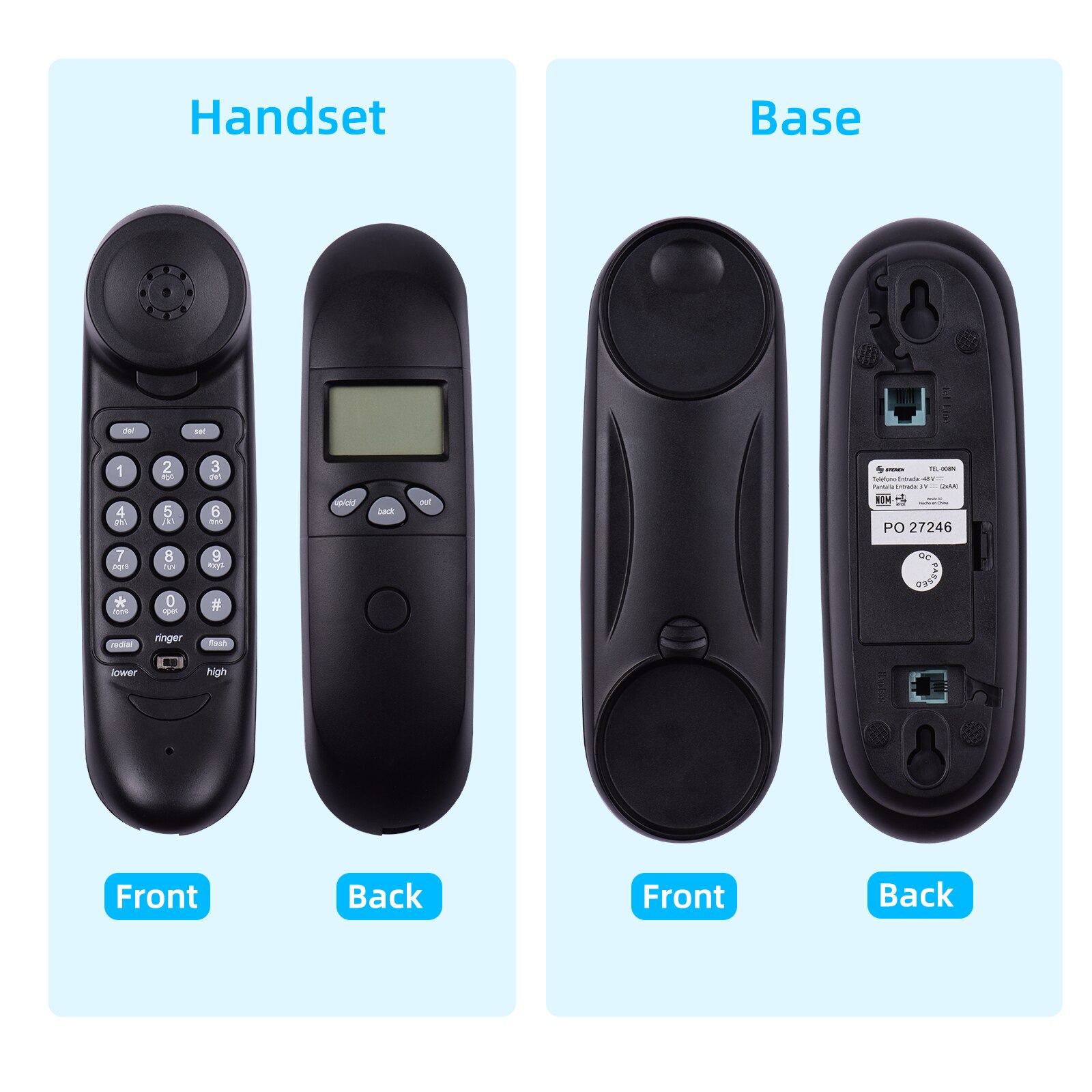 Mini trimline vaste telefoon, bureautelefoon, wandmontage met display, nummerherkenning, opnieuw kiezen voor hotelkantoor