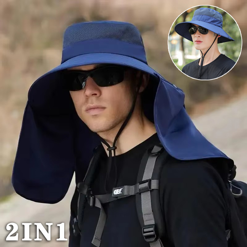 Zomerzonnescherm Vissen Fietspet Outdoor Zonnebrandcrème Gezichtsbedekkende Hoed Oversized Rand Vissershoofddeksels voor twee doeleinden: Blauw