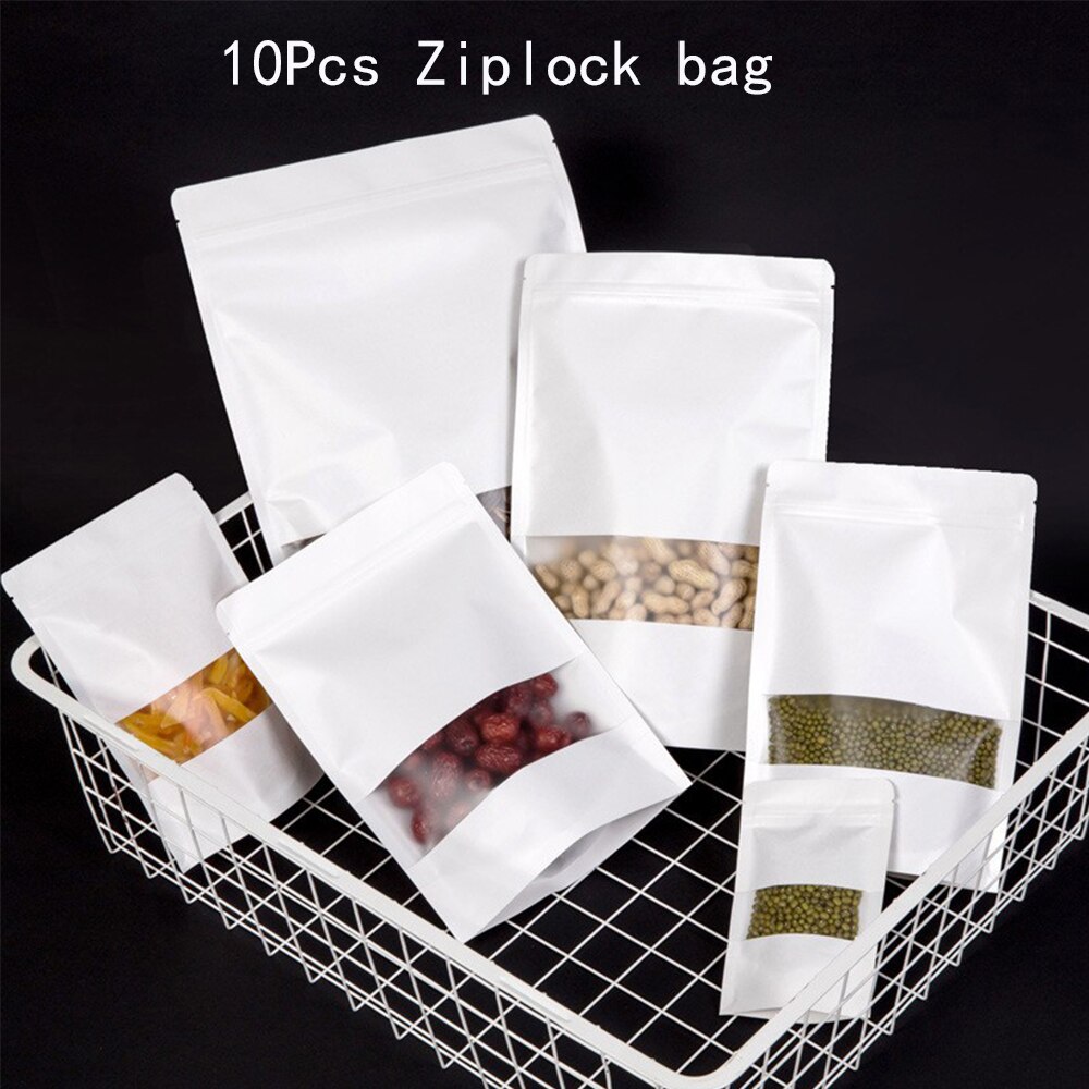 10Pcs Zip Lock Kraftpapier Venster Zak Stand Up Gedroogd Fruit Thee Verpakking Pouches Rits Self Sealing Party frosted Bag