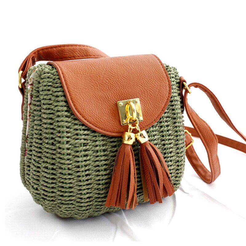Bolso de playa de paja tejido, duradero para mujer, con borla, correa de cuero, bolso tejido hecho a mano, bolso de concha, bandolera para mujer: green