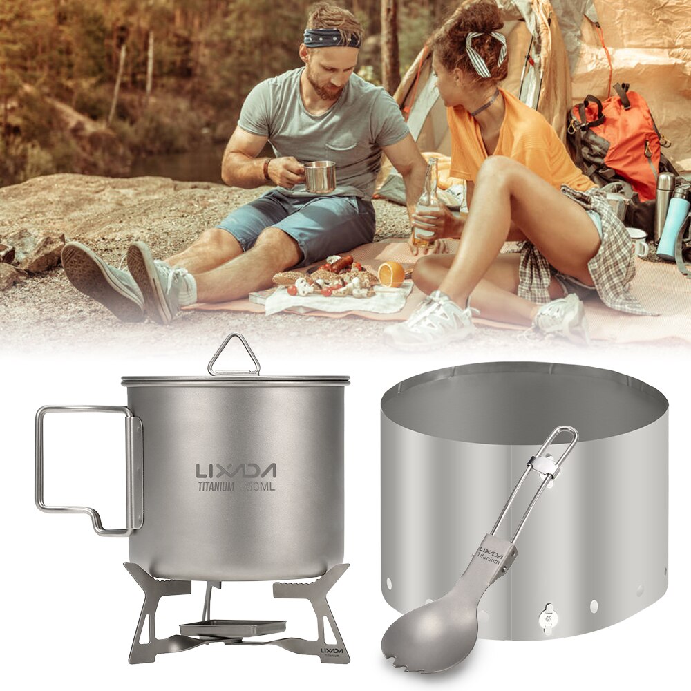 Lixada extérieur 4 pièces Camping titane batterie de cuisine ensemble 550ml tasse à eau tasse pliant solidifié alcool poêle Spork cuillère pare-brise