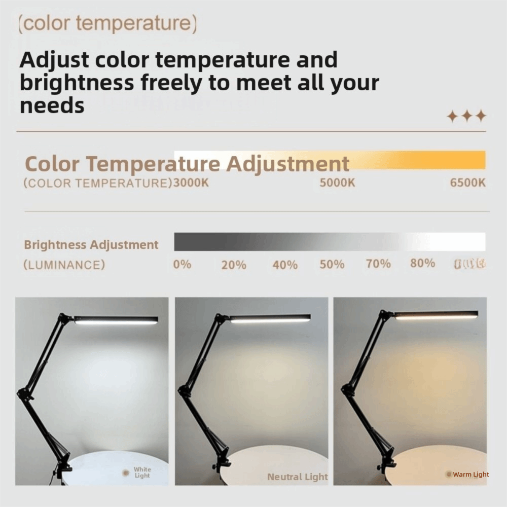 LED-schreibtischlampe mit 3 beleuchtungsmodi, dimmbar, augenschonend, klappbar, flexibler und verstellbarer klemme, schwenkarm
