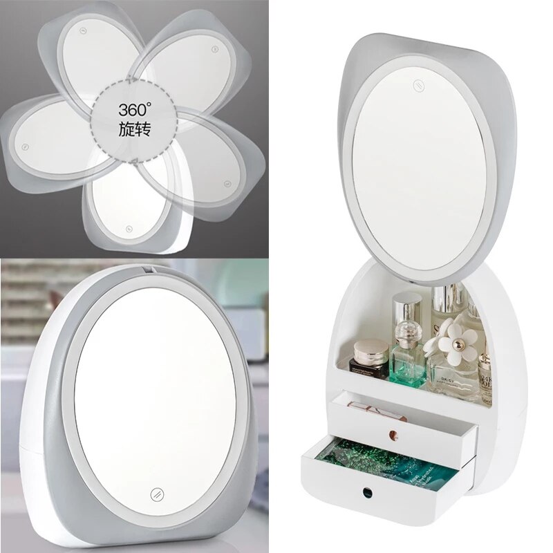 Ei Vorm Led Licht Desktop Organizer Hd Spiegel Make Organizer Creatieve Cosmetische Opbergdoos Portable Schoonheid Doos