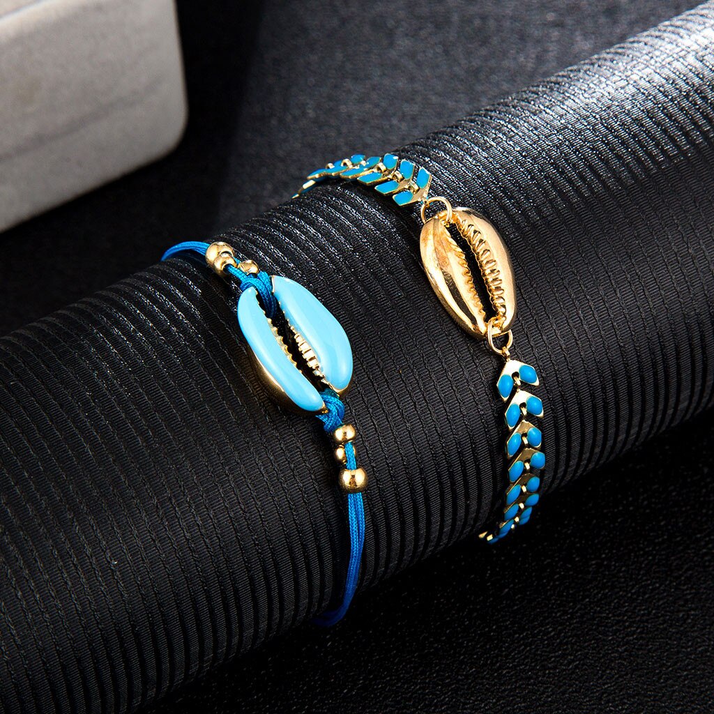 Bohemian Beaded Ankle Bracelets Set Multilayer Sea Shell Charm Knitted Blue Theme Bracelets Women Anklet Foot Jewelry