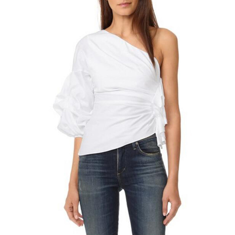 Bella Philosophy spring women three quarter sleeve blusas solid ladies ruffles shirt skew collar female puff sleeve blouse