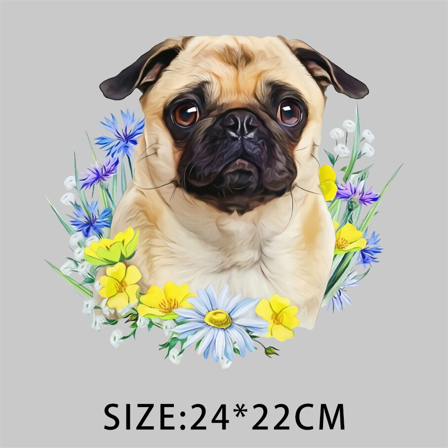 Mopshond bloemenpatronen, thermische transferprint patches voor kleding, doe-het-zelf t-shirt strijkpatches, strijkstickers: Ty -152-2