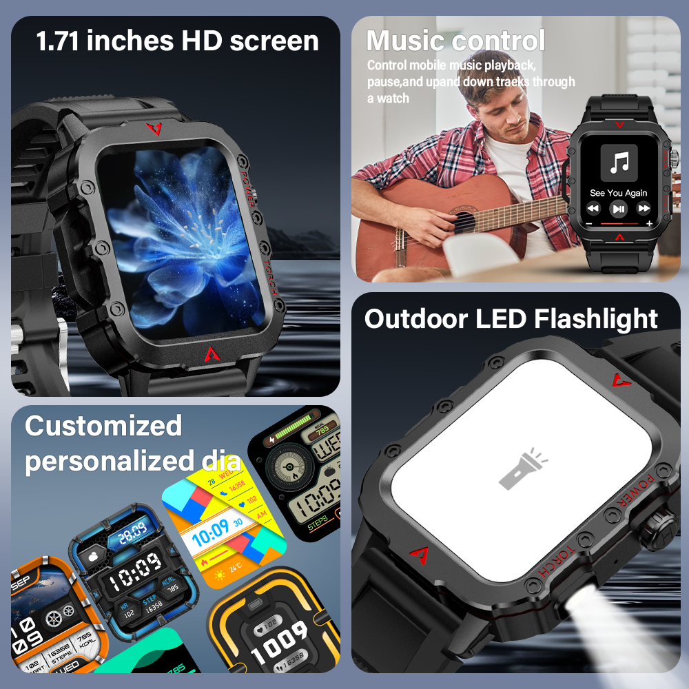 LAXASFIT montre de sport intelligente lampe de poche LED lecteur de musique suivi de l'activité appel Bluetooth surveillance du sommeil 2025 nouvelle montre intelligente