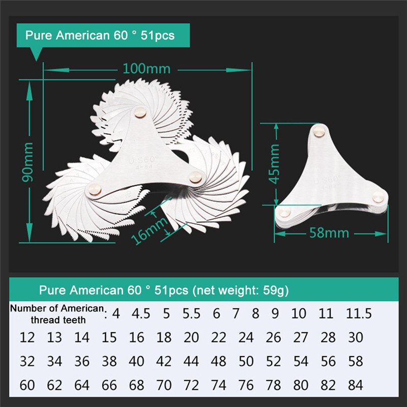 Thread Gauge Metric & Imperial & US Screw Gauge Whitworth 55 Degree & Metrisch 60 Degree Folding Thread Pitch for Measurement