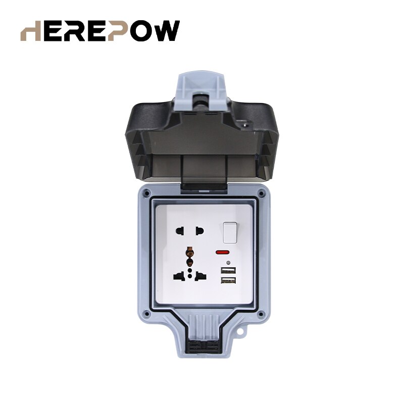 Herepow IP66 Wasserdicht Wetterfeste Steckdose Schutz Kasten, 1 einstellen von Universal- / UK Standard Neon- Schalt Verkaufsstellen: Kasten-2USB-Weiß