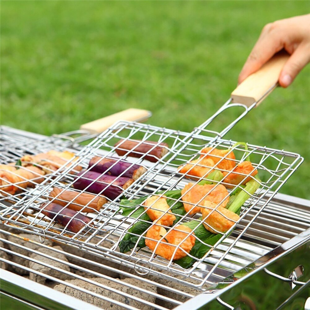 Ruostumaton teräs tarttumaton grilli kori työkalut grilli verkko kala hampurilainen kultapaisto kannettava puinen kahva liha kalaklipsi